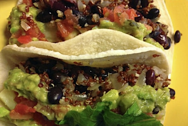 plant-based red inca quinoa and bean tacos