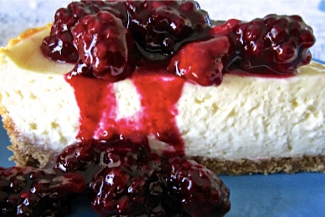 cheesecake with berry sauce and a gluten-free options