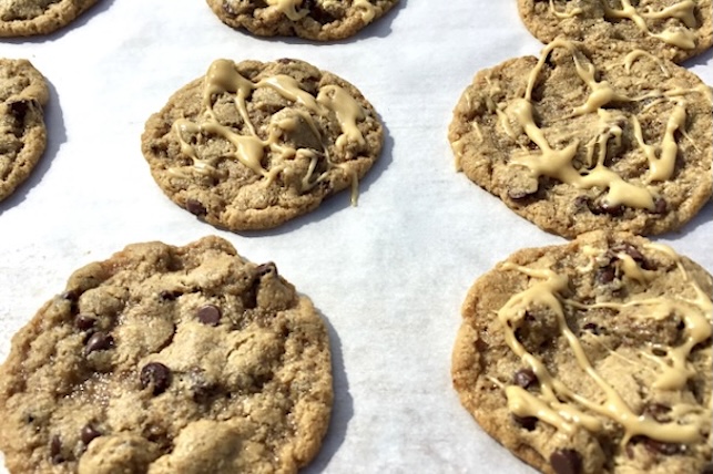 chocolate chip cookies with maple butter drizzle. vegan and gluten-free