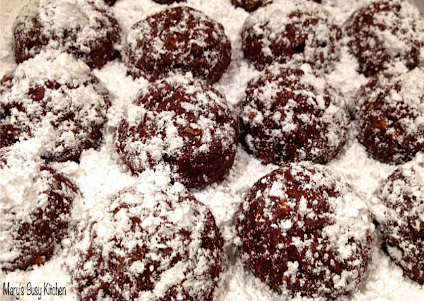 GF Chocolate cookies covered in powdered sugar