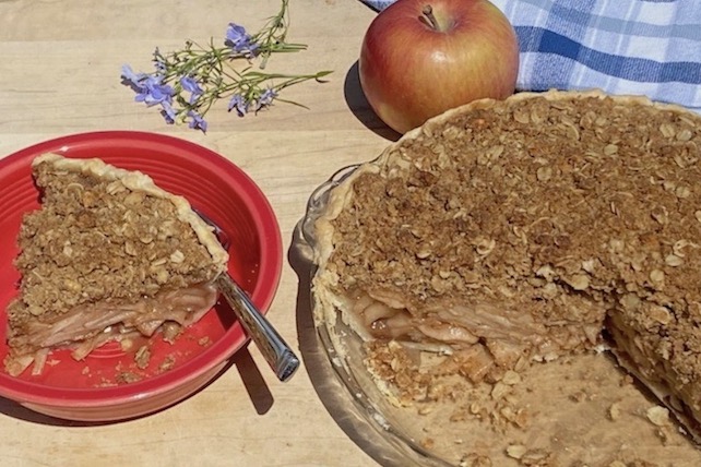 homemade apple pie with crumble topping and pastry shell