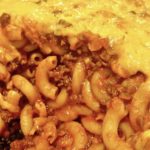 Ground beef casserole with pasta, tomato sauce, and cheese
