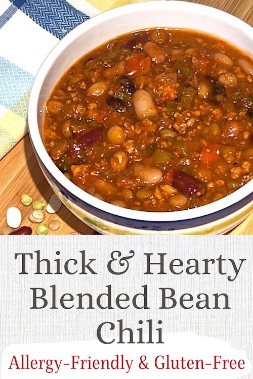 homemade thick and hearty blended bean chili, no garlic or onions, allergy-friendly