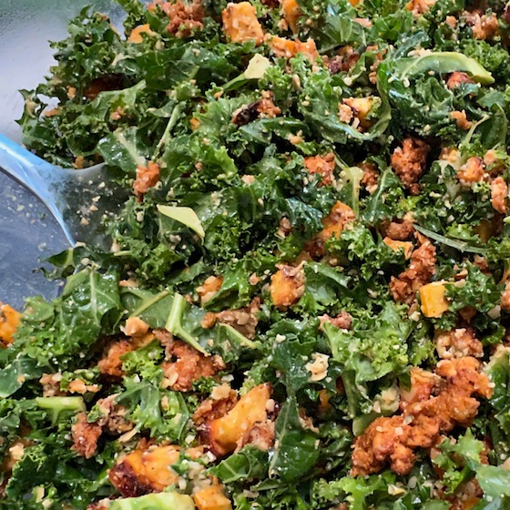 powerhouse kale salad with sweet potatoes and tofu