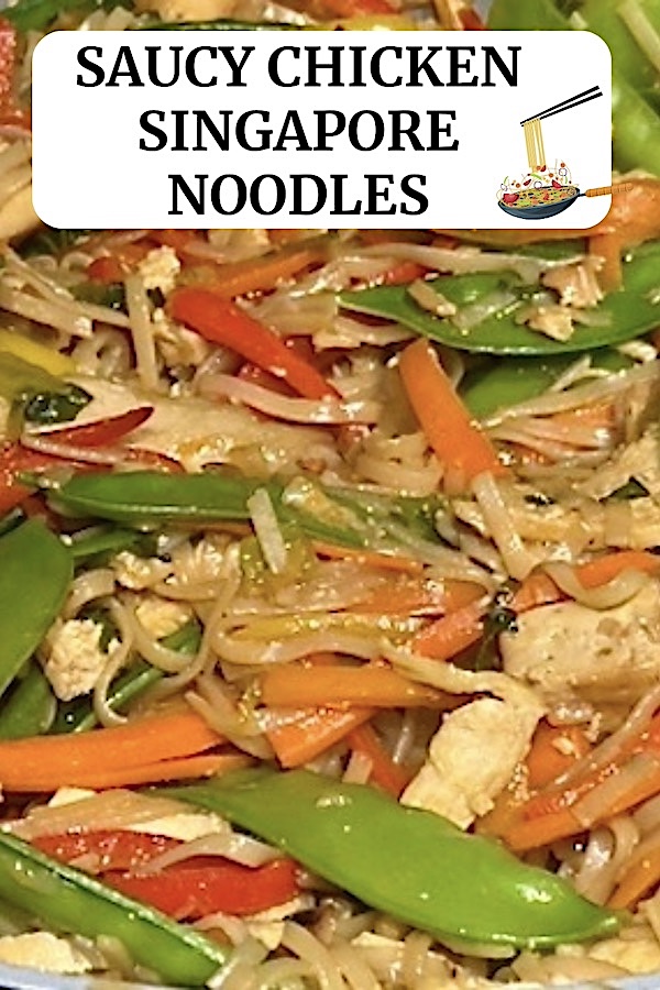 saucy chicken Singapore noodles. Gluten, egg, and dairy-free