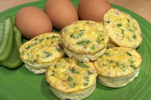 ham and green pepper egg bites, gluten, nut, dairy, and soy-free.