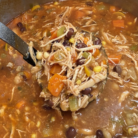shedded chicken chili with garbanzo and black beans gluten, dairy, and egg-free